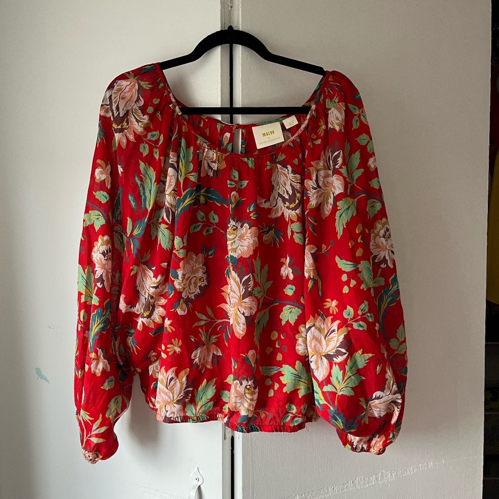 Maeve by Anthropologie Red Floral Cotton Blouse